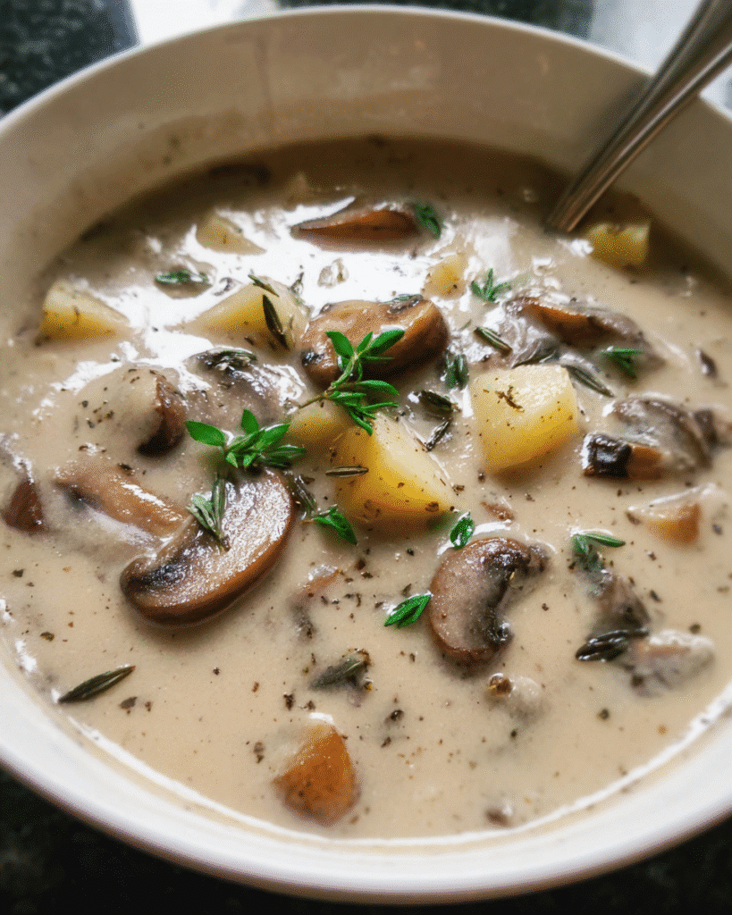 Creamy mushroom and potato soup in a bowl