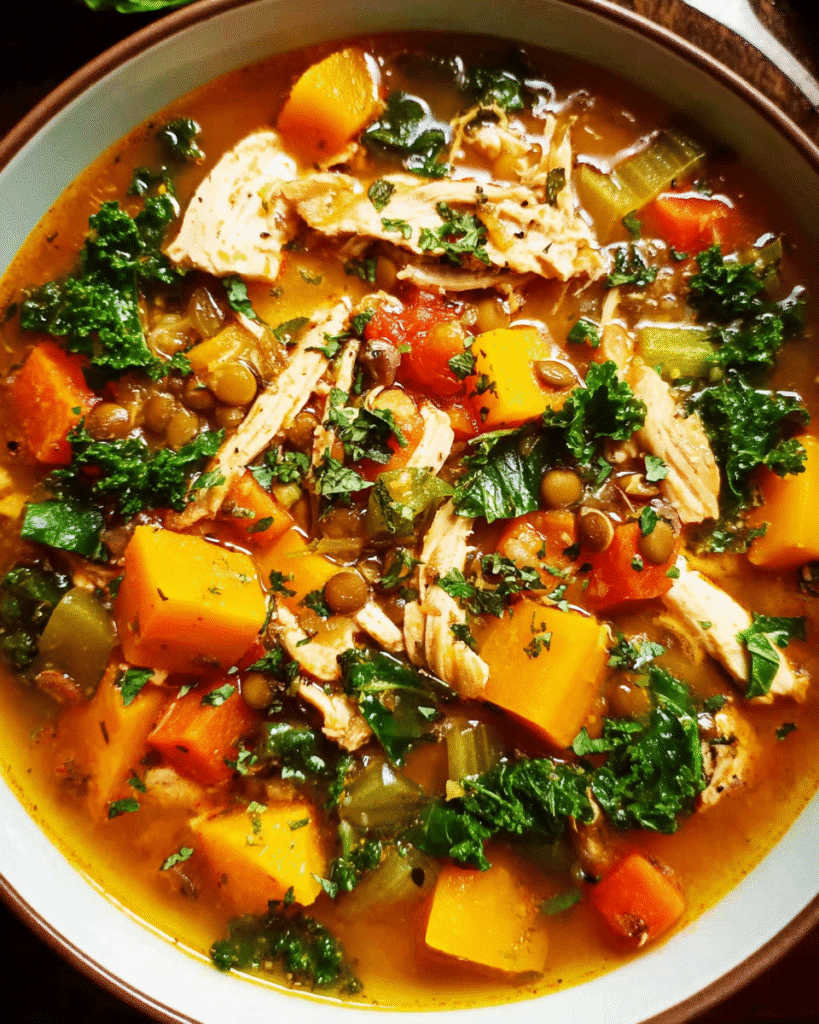 One-Pot Chicken & Lentil Comfort Soup in a bowl