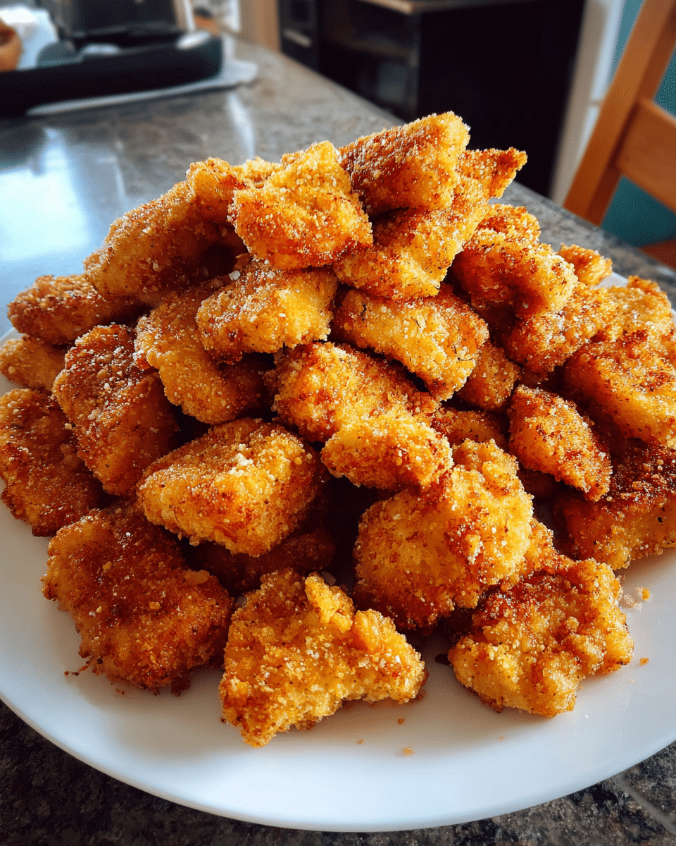 Oven Baked PopCorn Chicken on a sheet pan with golden coating