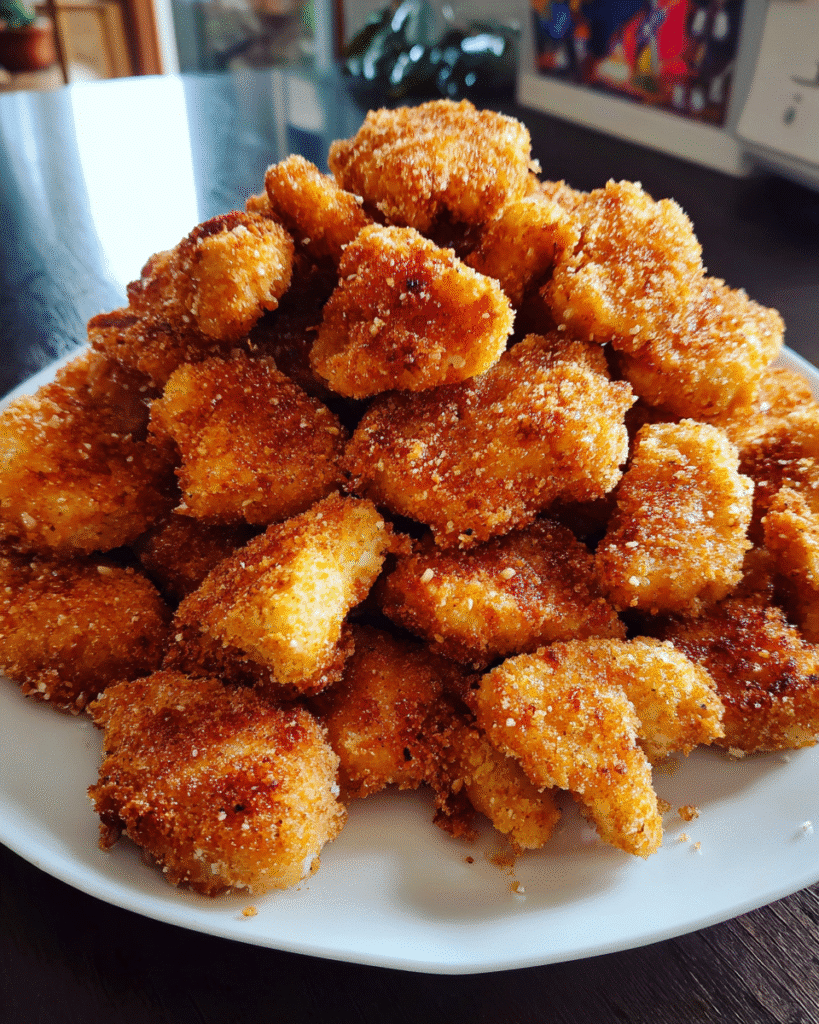 Oven Baked PopCorn Chicken on a sheet pan with golden coating