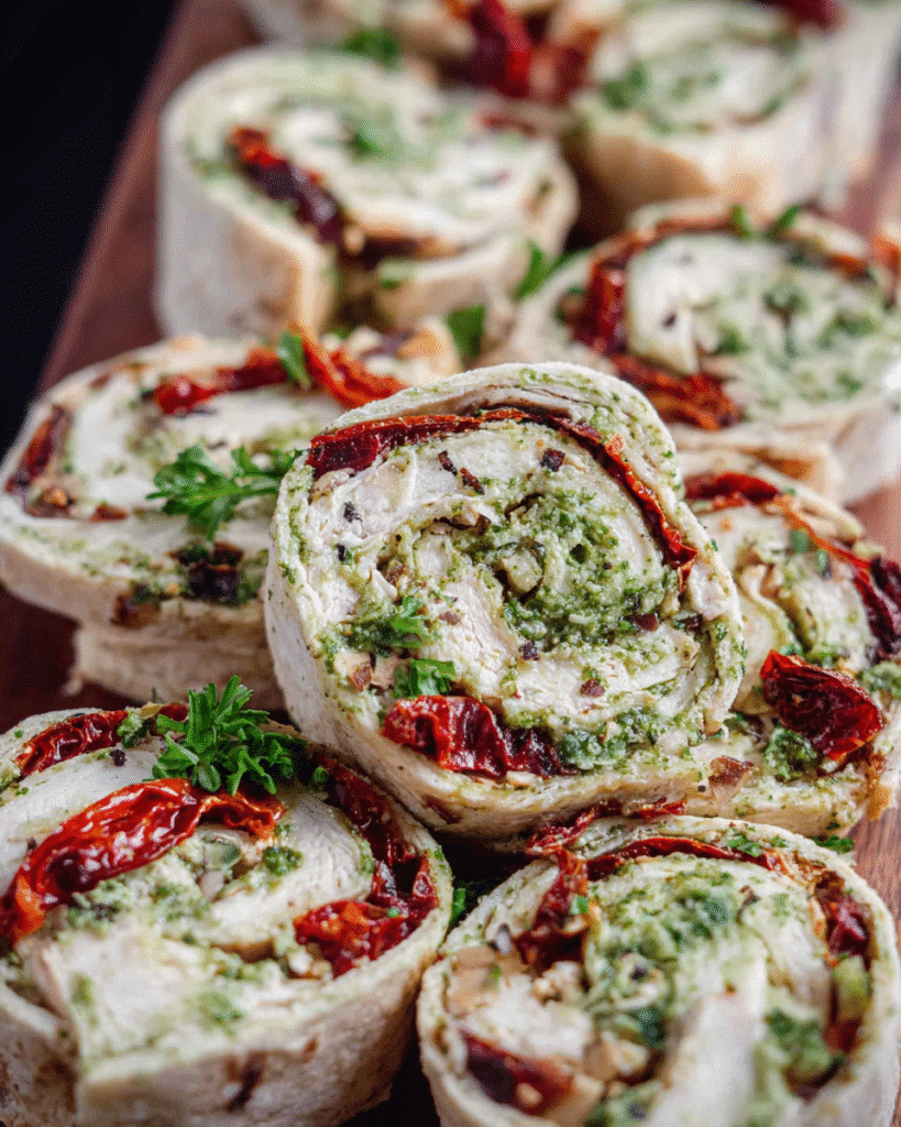 Pesto Chicken Pinwheels sliced on a platter with sun-dried tomatoes and basil.