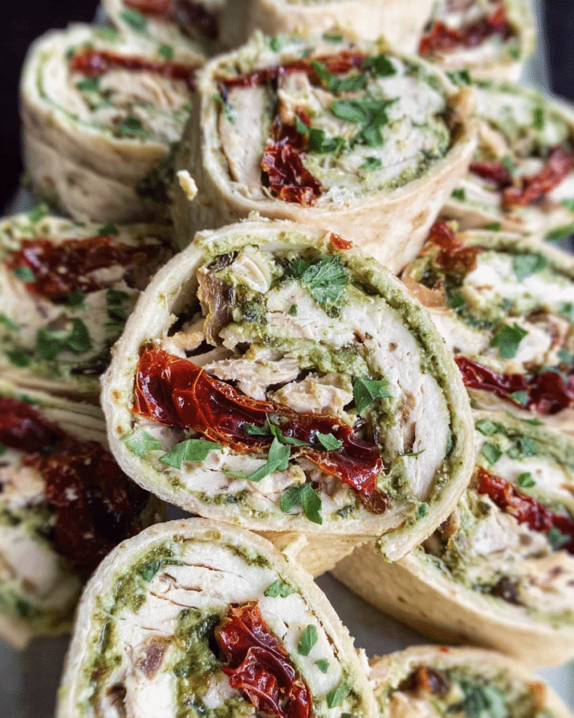 Pesto Chicken Pinwheels sliced on a platter with sun-dried tomatoes and basil.
