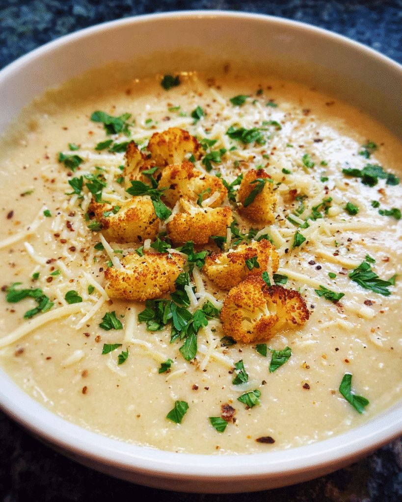 Roasted Cauliflower Parmesan Soup in a bowl