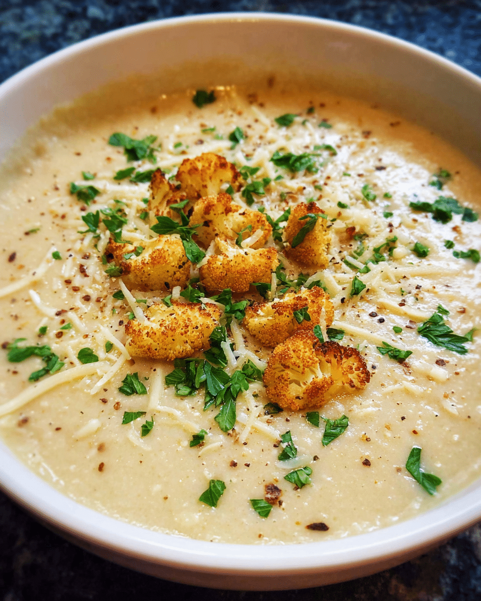 Roasted Cauliflower Parmesan Soup in a bowl