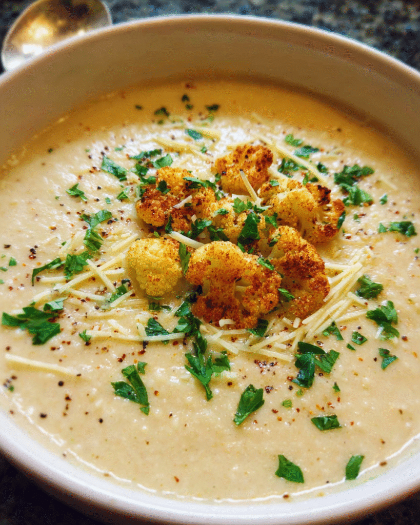 Roasted Cauliflower Parmesan Soup in a bowl