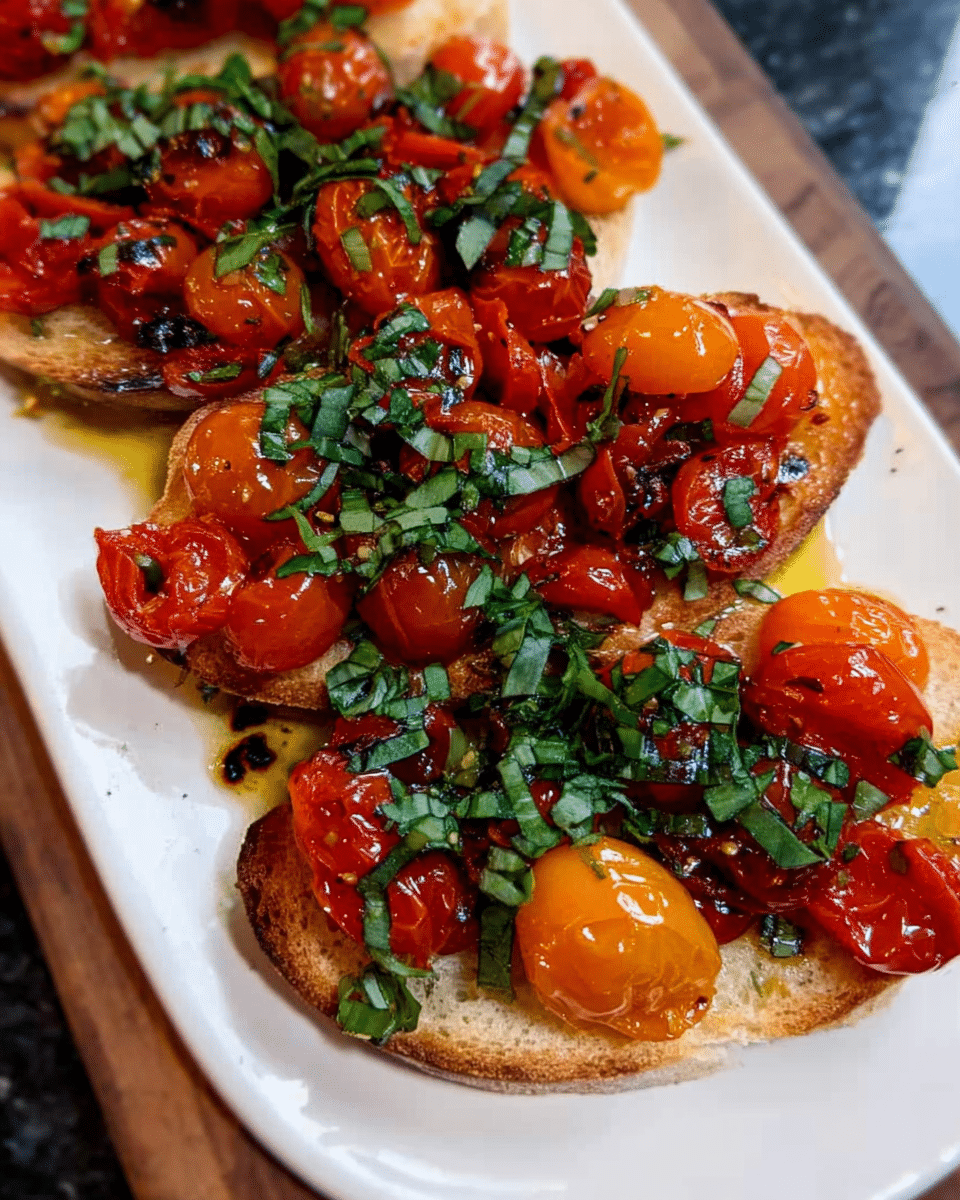 Roasted Cherry Tomato Bruschetta on toasted crostini with basil