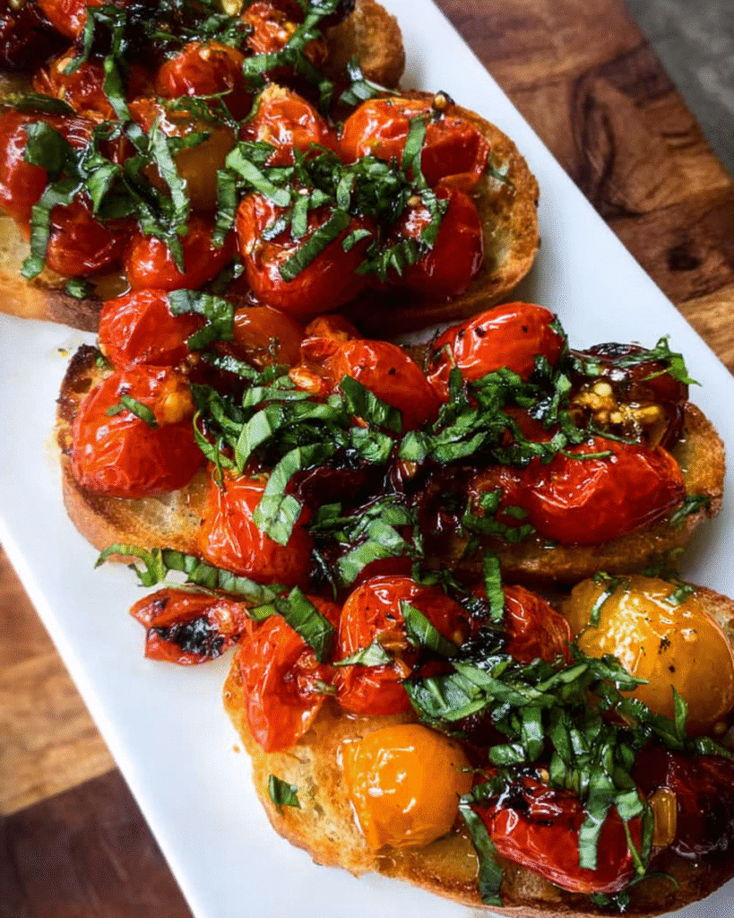 Roasted Cherry Tomato Bruschetta on toasted crostini with basil