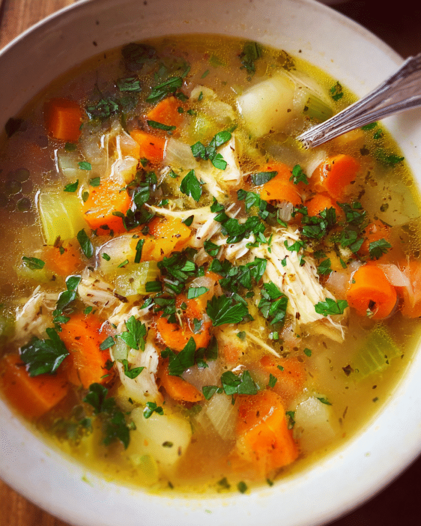 Roasted garlic chicken chowder served warm in a bowl