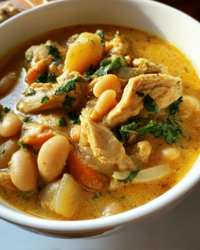 Rustic Chicken and White Bean Stew in a bowl garnished with cilantro