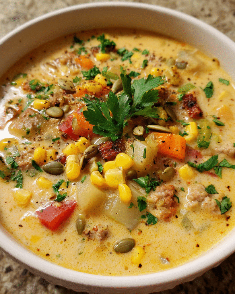 Bowl of sausage and corn chowder topped with cilantro and toasted pepitas