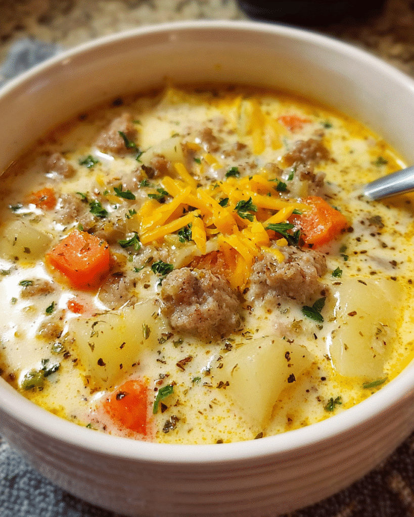 Creamy sausage potato soup in a pot with vegetables and cheese