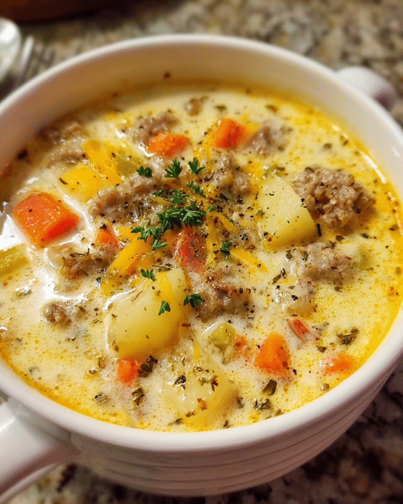 Creamy sausage potato soup in a pot with vegetables and cheese