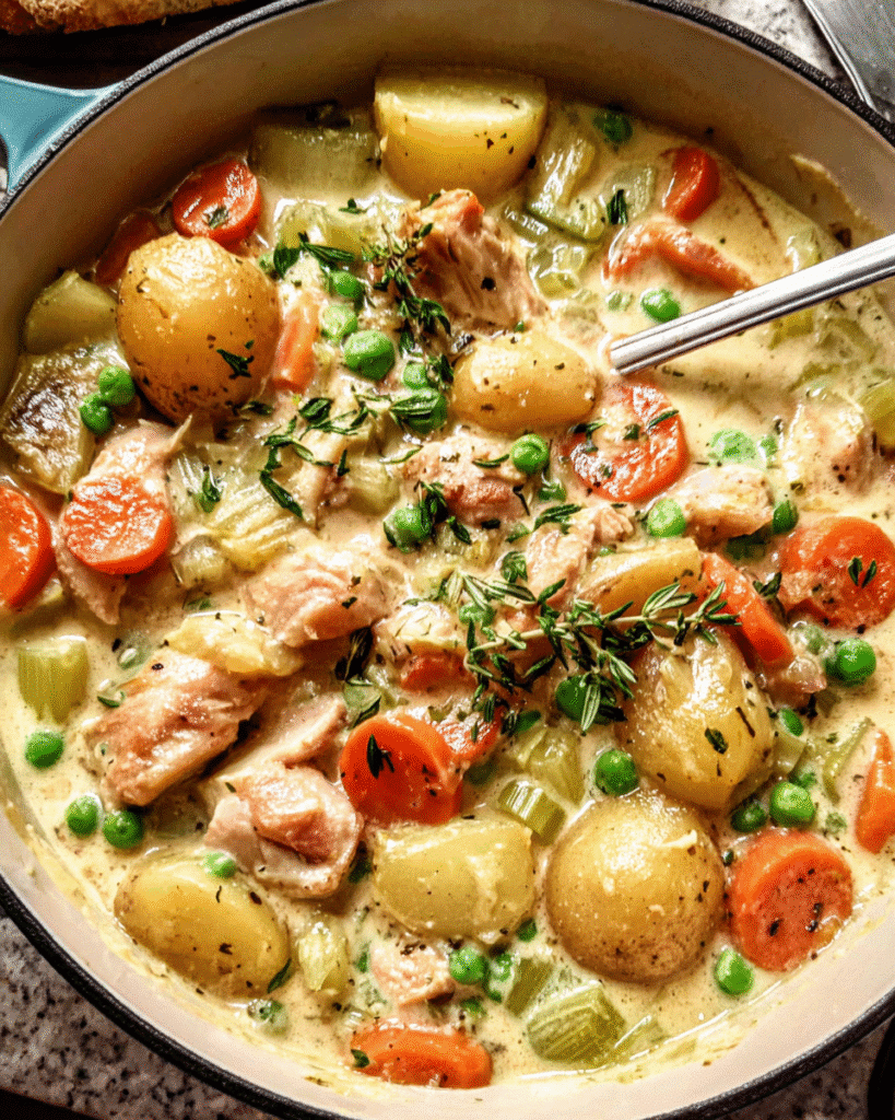 Savory chicken and rice vegetable stew in a bowl