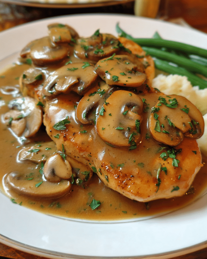 Skillet chicken with mushrooms in rich homemade gravy