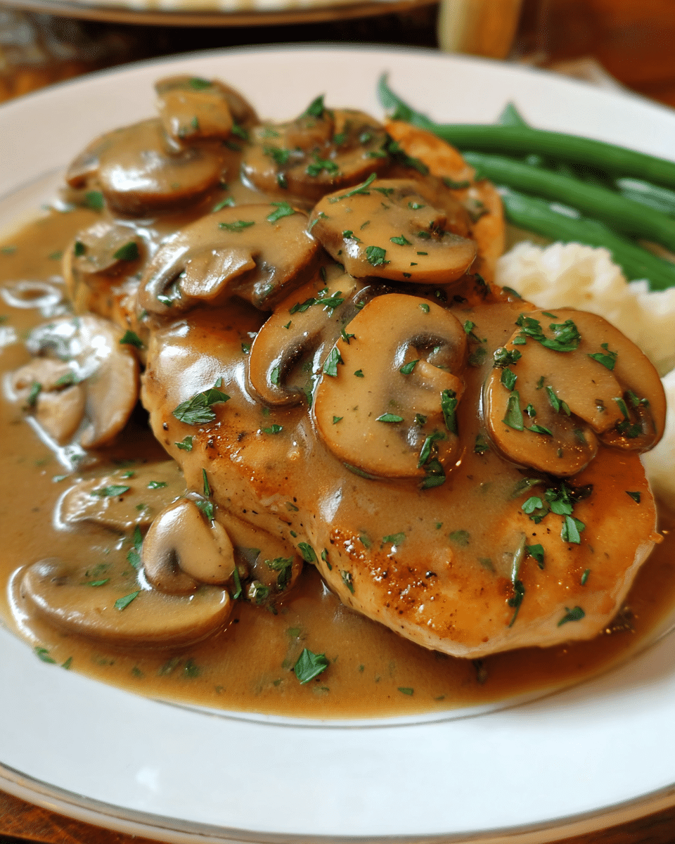 Skillet chicken with mushrooms in rich homemade gravy