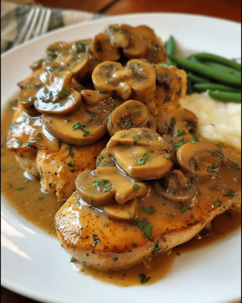 Skillet chicken with mushrooms in rich homemade gravy