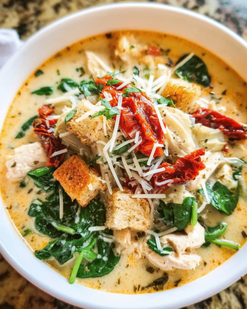 Slow Cooker Creamy Tuscan Chicken Soup in a bowl with spinach and sun-dried tomatoes