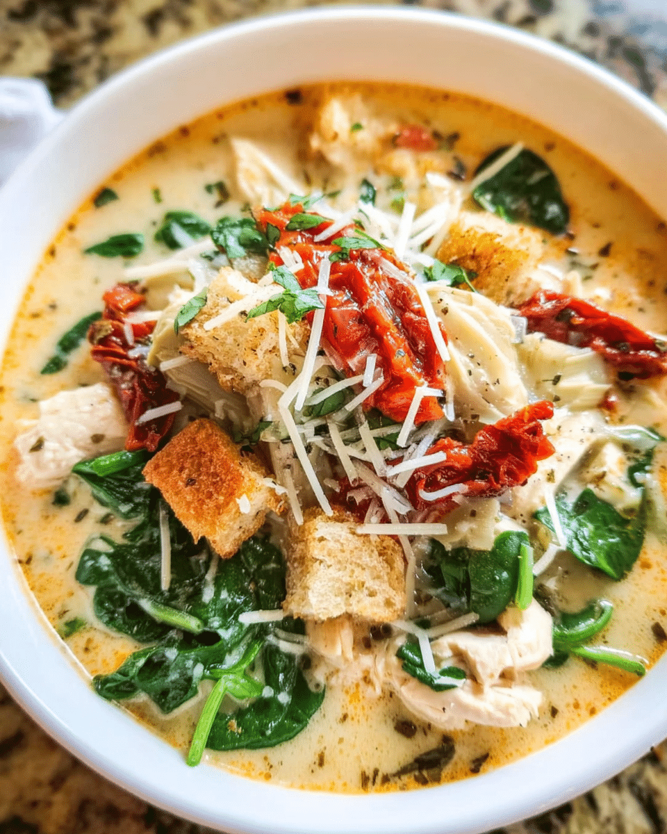 Slow Cooker Creamy Tuscan Chicken Soup in a bowl with spinach and sun-dried tomatoes