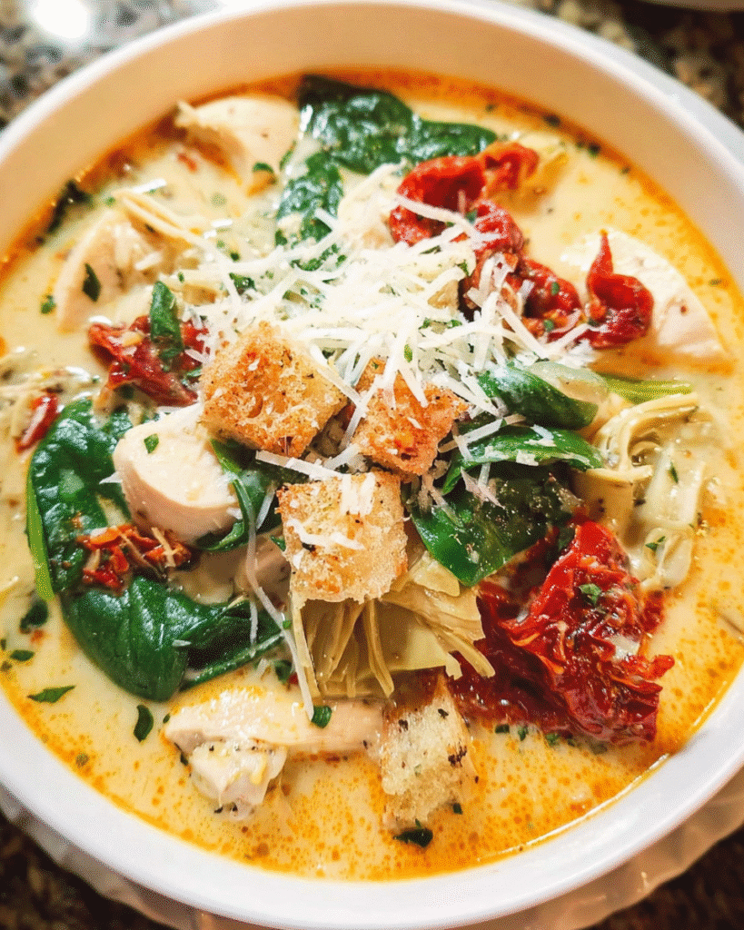 Slow Cooker Creamy Tuscan Chicken Soup in a bowl with spinach and sun-dried tomatoes