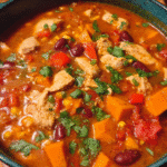Spicy chicken and potato stew in a bowl with cilantro