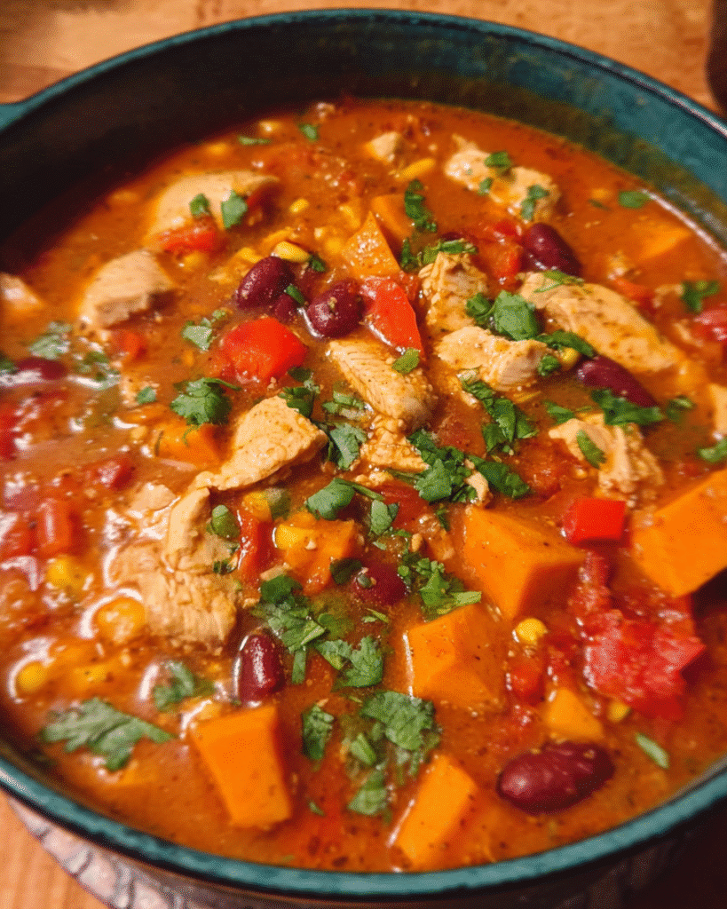 Spicy chicken and potato stew in a bowl with cilantro