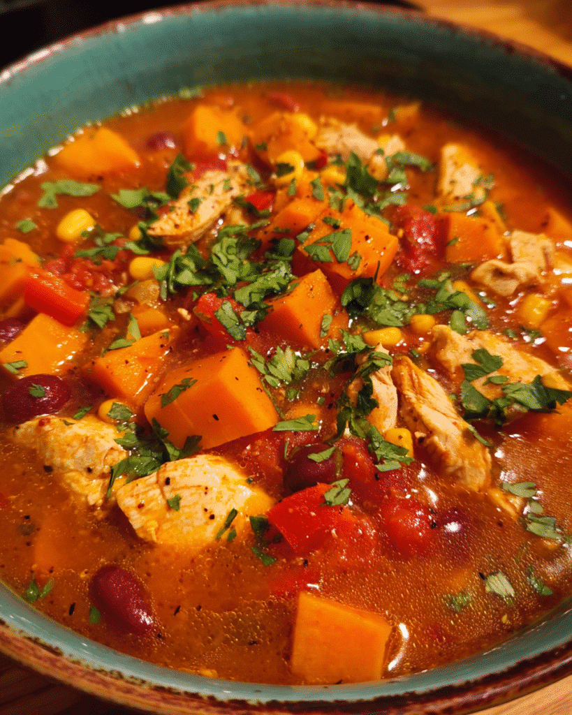 Spicy chicken and potato stew in a bowl with cilantro