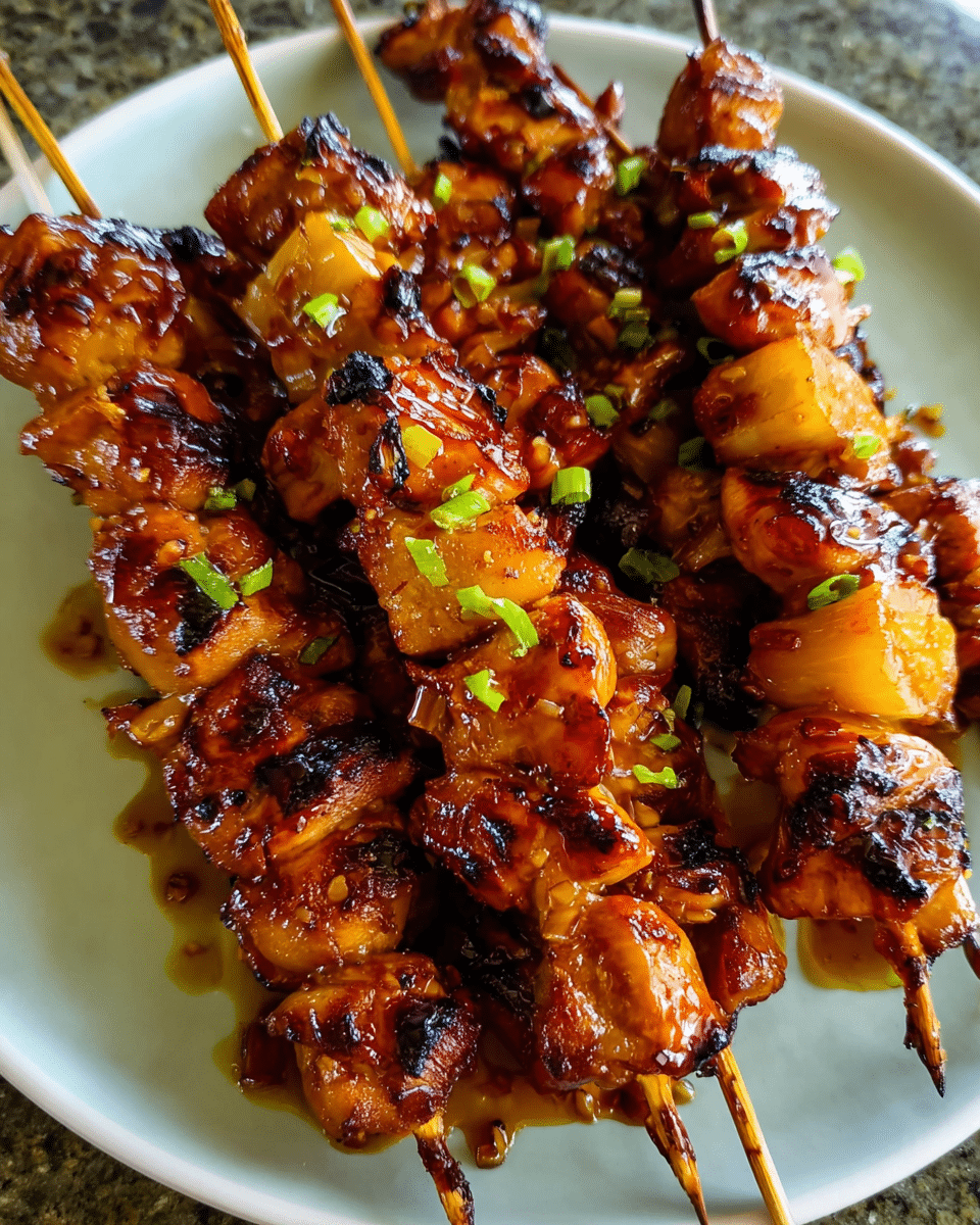 Sticky Honey Soy Chicken Skewers on a grill with glossy glaze
