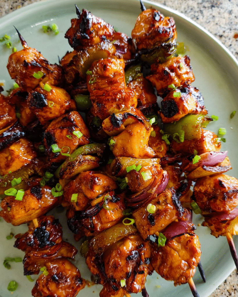 Sticky Honey Soy Chicken Skewers on a grill with glossy glaze