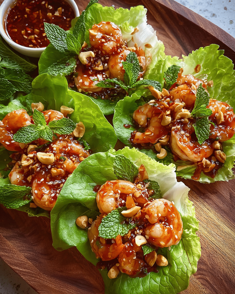 Sticky shrimp lettuce cups with sweet chili sauce and herbs
