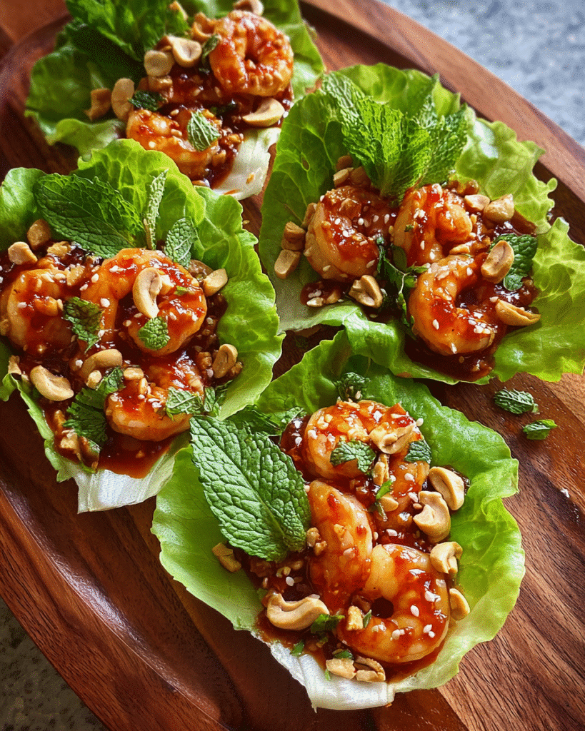 Sticky shrimp lettuce cups with sweet chili sauce and herbs