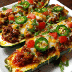 Taco-Stuffed Zucchini Boats baked with melted cheese