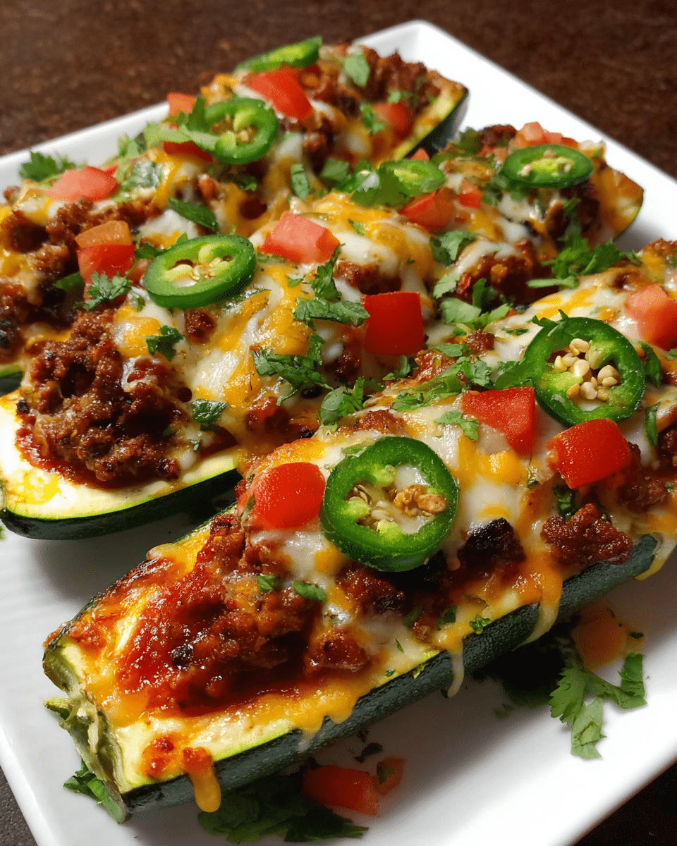 Taco-Stuffed Zucchini Boats baked with melted cheese