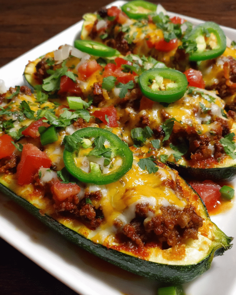 Taco-Stuffed Zucchini Boats baked with melted cheese