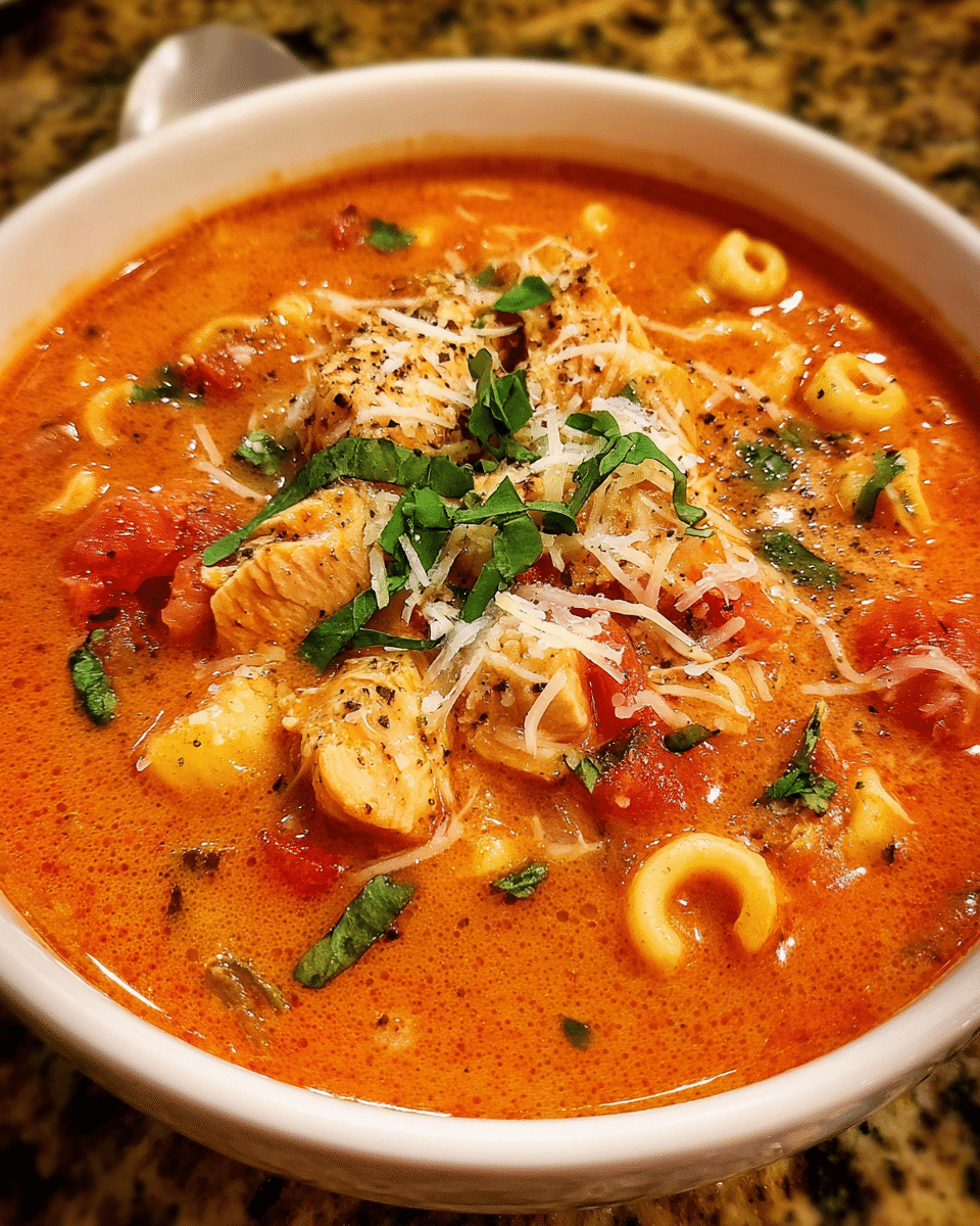 Bowl of tomato basil chicken soup with parmesan