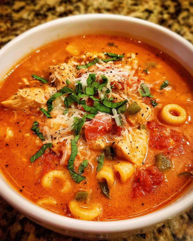 Bowl of tomato basil chicken soup with parmesan