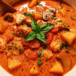 Bowl of tomato basil chicken stew with potatoes