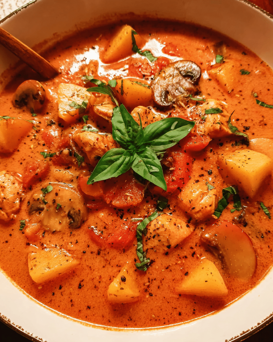 Bowl of tomato basil chicken stew with potatoes