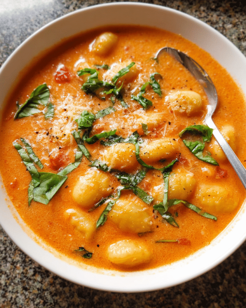 Creamy tomato basil gnocchi soup in a bowl