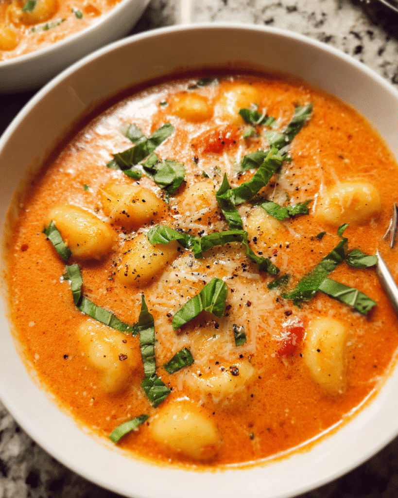 Creamy tomato basil gnocchi soup in a bowl