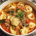 Bowl of tortellini soup with beef and vegetables