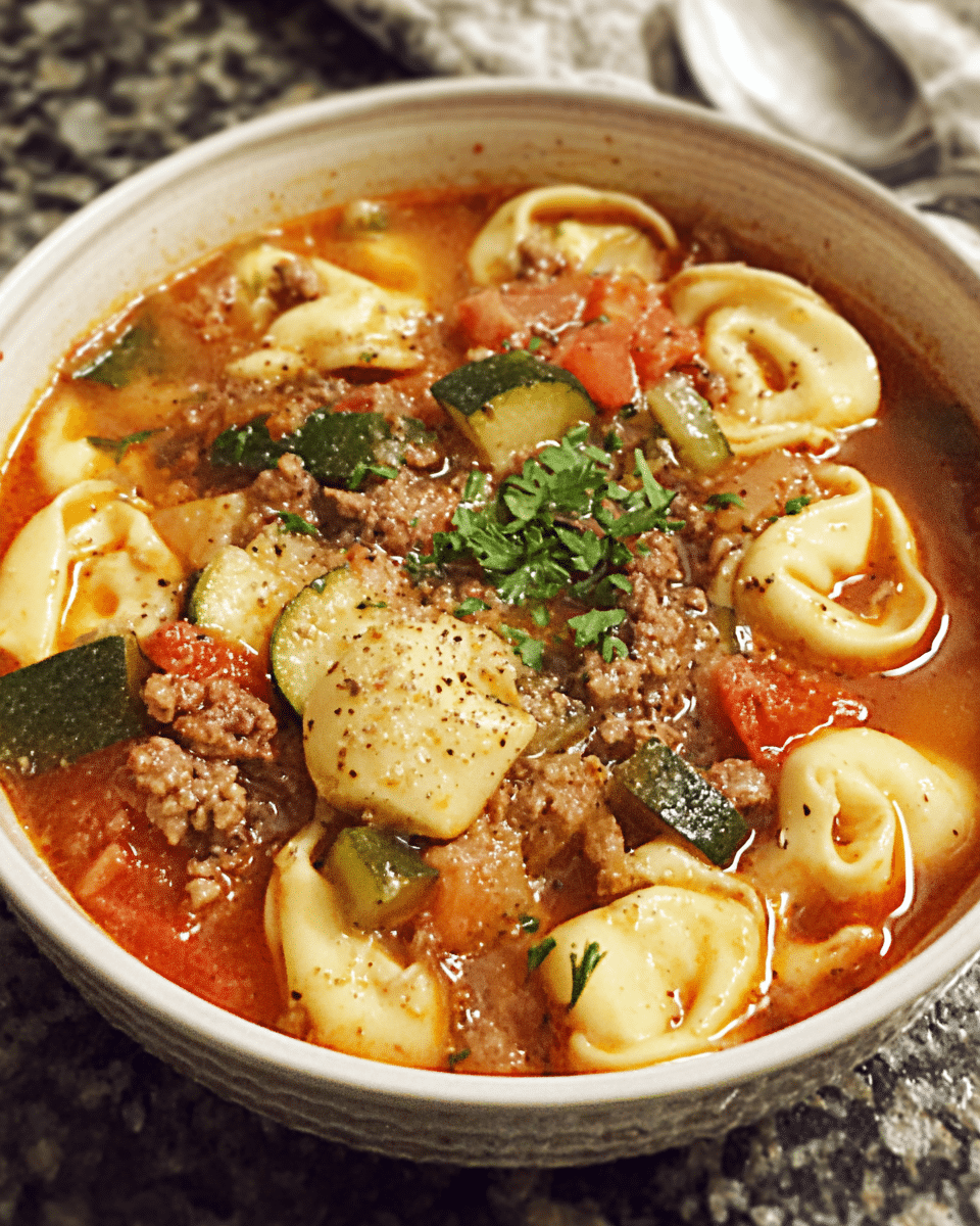 Bowl of tortellini soup with beef and vegetables