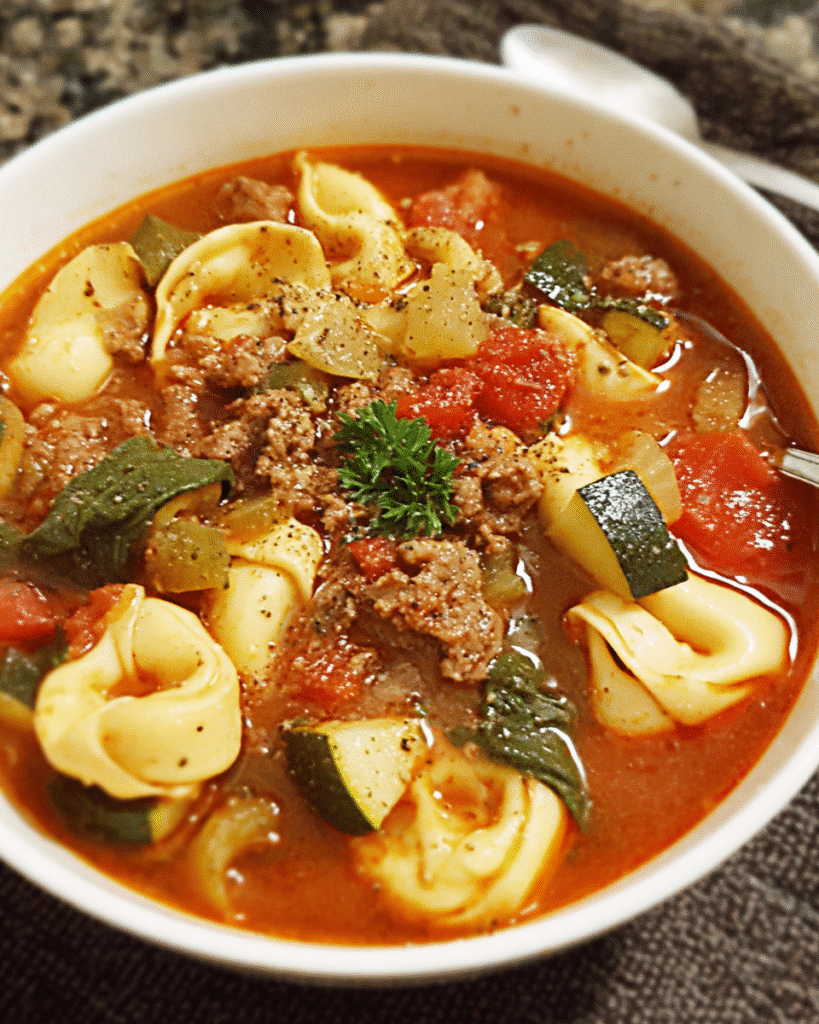 Bowl of tortellini soup with beef and vegetables