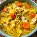 Turmeric chicken noodle soup in a bowl