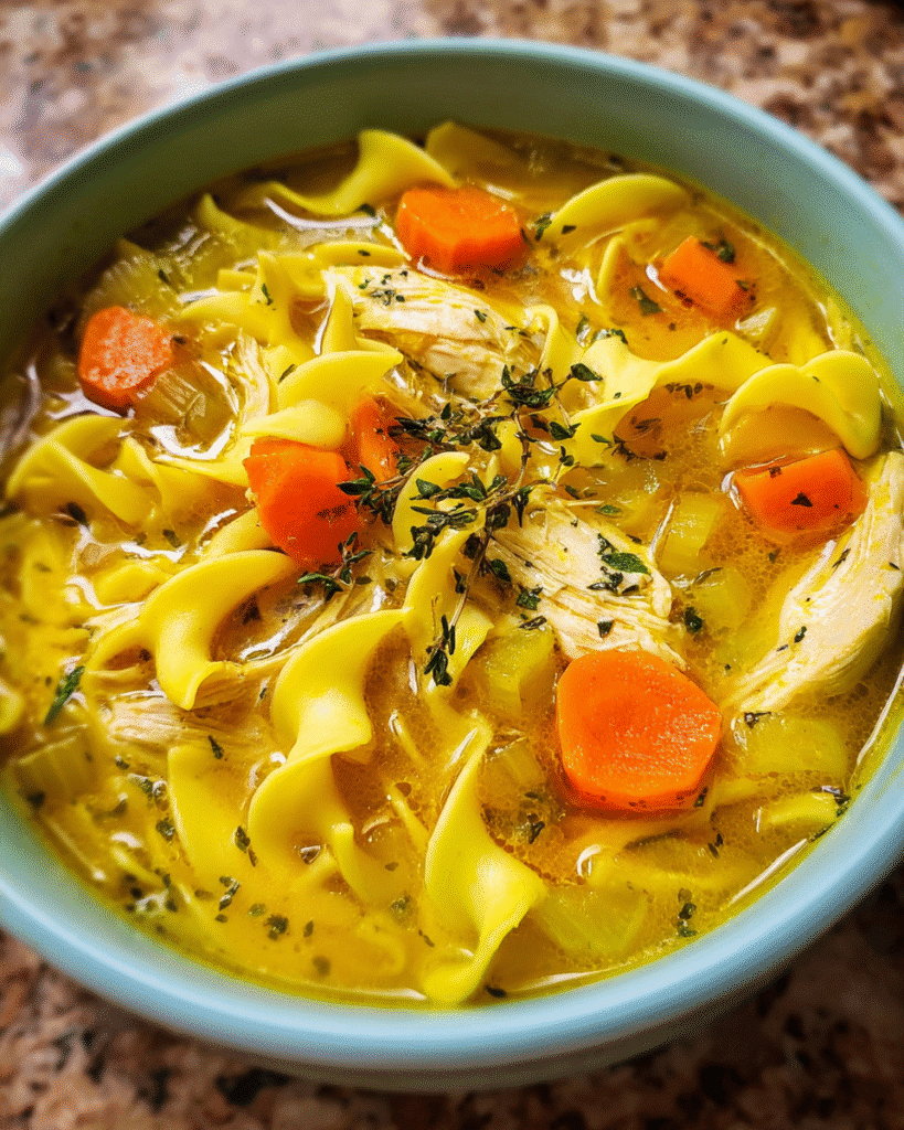 Turmeric chicken noodle soup in a bowl