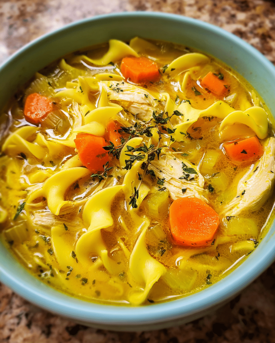Turmeric chicken noodle soup in a bowl