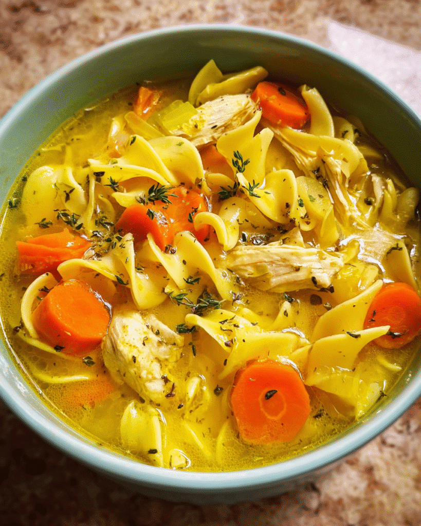 Turmeric chicken noodle soup in a bowl