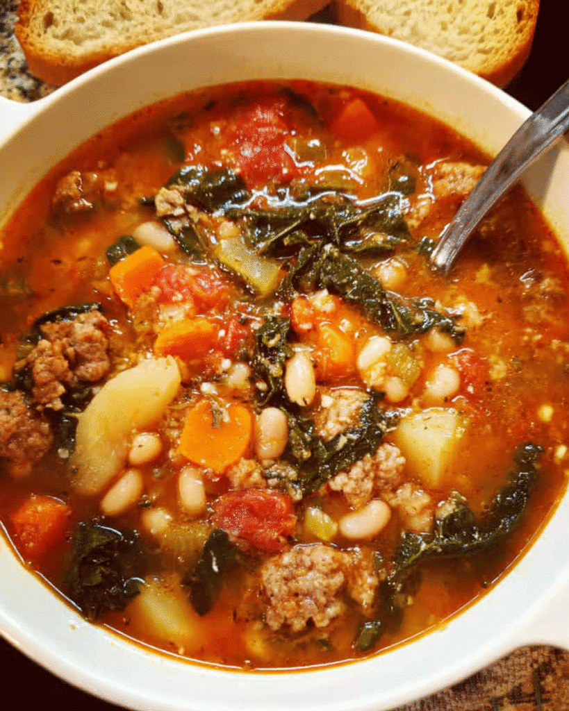 Bowl of Tuscan white bean and turkey sausage soup with kale