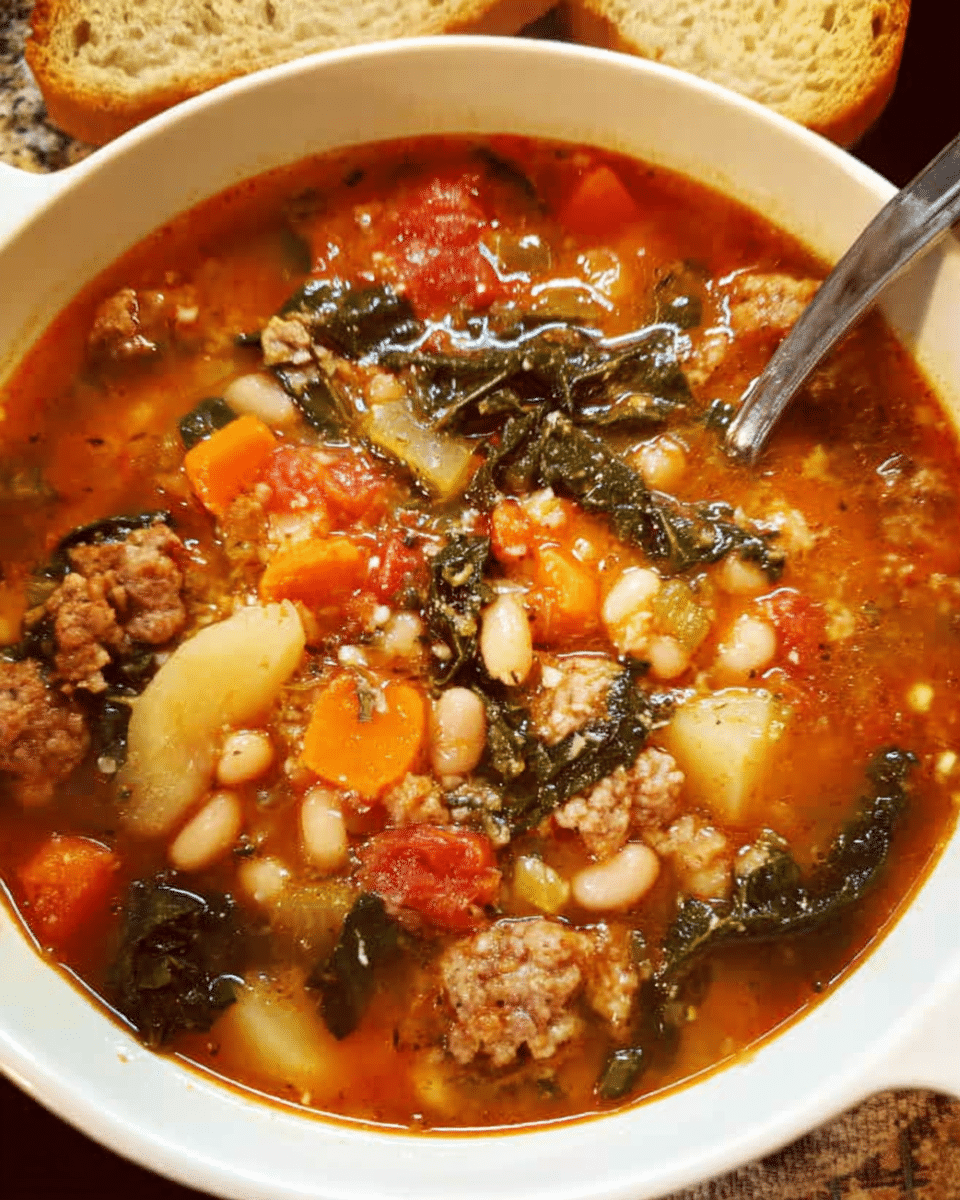 Bowl of Tuscan white bean and turkey sausage soup with kale
