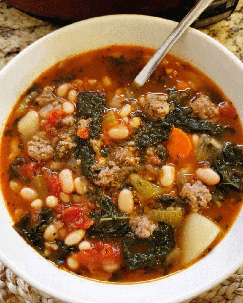 Bowl of Tuscan white bean and turkey sausage soup with kale