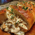 Chicken Alfredo Stuffed Bread sliced and filled with creamy chicken and cheese